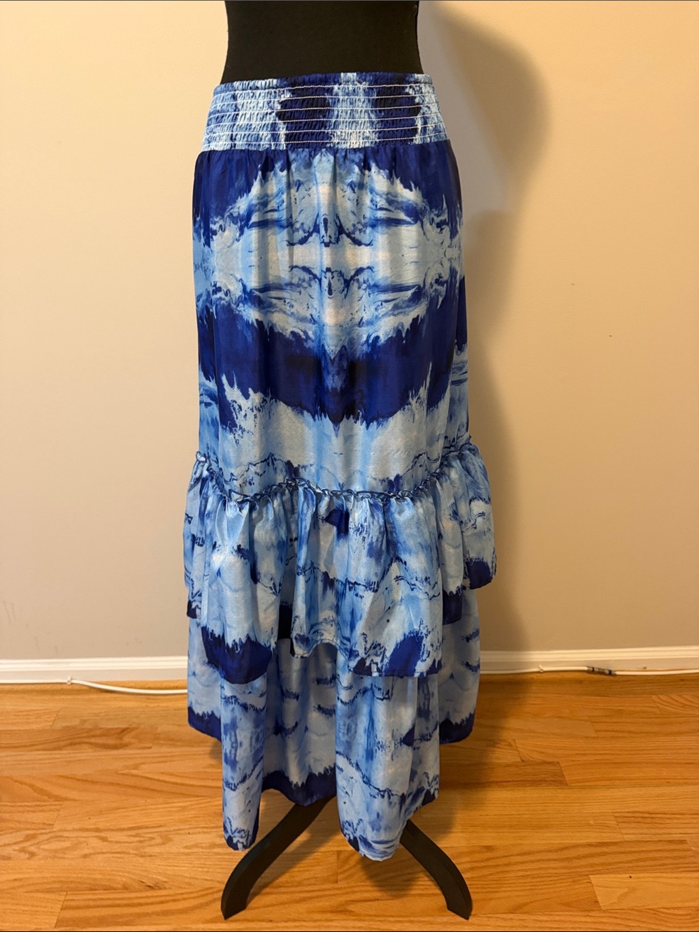 Smocked Waist Blue Tie-Dye Tiered Maxi Skirt
